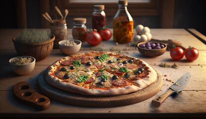 Wall Mural - Pizza Neapolitan, cut into pieces, dark background. Traditional Italian cuisine. AI generated.