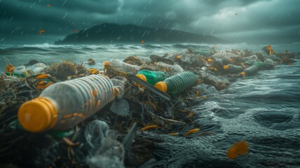 Ocean shoreline covered in garbage and algae