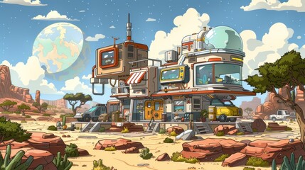 Wall Mural - Futuristic space station on a desert planet. The station has a large dome on top and is surrounded by cacti, trucks and a large moon in the sky.