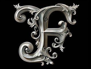 intricate white F letter, baroque sculptures, black background