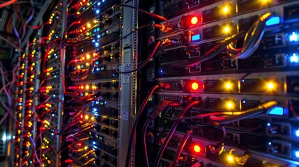 Poster - server racks in data centers: essential for tech infrastructure, with lights and cables.