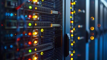 Poster - server racks, blinking lights, and cables shape tech infrastructure in data centers.