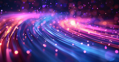 Poster - Abstract futuristic background with blue and purple light rays, fiber optic cables glowing in the dark, representing fast internet speed. Generative AI.