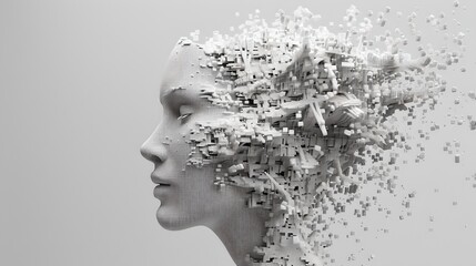 Aufkleber - Artistic digital bust of a woman disintegrating into particles. Grey-scale image with modern, abstract style, ideal for contemporary art themes. AI