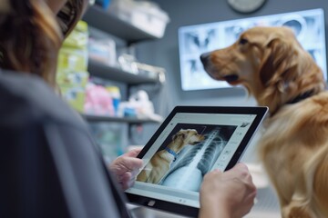 Modern Veterinary Care: Veterinarian Using Tablet to Show Dog's X-Ray Results