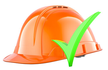 Construction orange hard hat with green check mark, 3D rendering isolated on transparent background