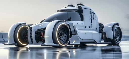 Poster - Long head truck, air-inlet grille, futuristic sci-fi, concept truck design, minimalism. from side perspective. Generative AI.
