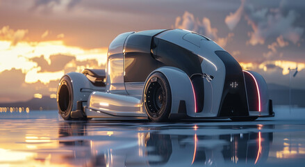 Poster - Long head truck, air-inlet grille, futuristic sci-fi, concept truck design, minimalism. from side perspective. Generative AI.