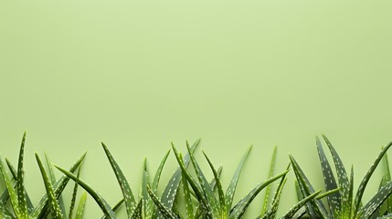 Minimalist Aloe Vera Banner Featuring Fresh Green Aloe Leaves on Solid Muted Green Background - Design for Print, Card, Poster