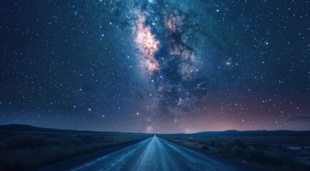 Aufkleber - A starry night, a thousand stars, road, theme of Landscapes, in the perspective of close shot big long-shot, Using Natural Light. Generative AI.