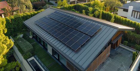 Aufkleber - A roof with black solar panel from bird perspective. Generative AI.