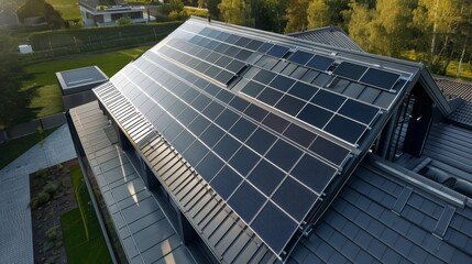 Aufkleber - A roof with black solar panel from bird perspective. Generative AI.