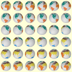 Poster - Collection of planet globes. Slanted sphere view. Rotation step 10 degrees. Colored continents style. World map with graticule lines on pale background. Stylish vector illustration.