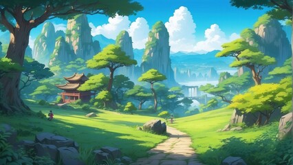 Wall Mural - Illustration of game art, ancient city in the mountains