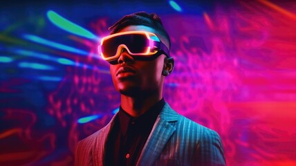 People wearing VR goggle while enter metaverse with neon color background. People with VR headset against abstract neon pattern background. Concept of virtual reality and futuristic technology. AIG35.