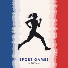 Wall Mural - Template of poster for the 2024 sport games championship in Paris featuring a silhouette of athletic woman running fast at running competition with the French flag as frame. Card with Olympic athlete