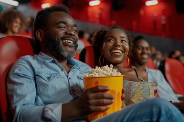 young people laughing while watching film in movie theater. group of friends in cinema with popcorn