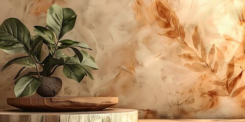 Wall Mural - Wooden scene with green leaves on a podium against a beige wall. Concept Nature-inspired Photoshoot, Wooden Backdrop, Greenery Props, Beige Wall Setting