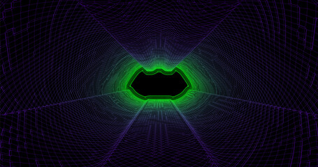 Poster - Wire low poly frame of a futuristic corridor or tunnel, consisting of lines and polygons in neon color on a black background. vector illustration.