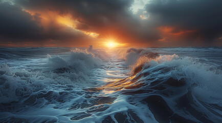 Poster - A beautiful view of shore in winter during a storm with the sun right in the middle from afar at sunset, huge waves, soothing light. Generative AI.
