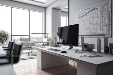 Poster - A modern office space featuring a white desk and a large window, providing ample natural light. The room is simple and clean, creating a comfortable work environment