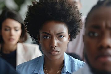 Wall Mural - Rude diverse colleagues humiliating offending stressed upset young african woman leader suffering from gender racial discrimination during meeting or feeling exhausted tired of responsibility at work
