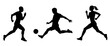 © Qeeraw - Dynamic black silhouette of athletic soccer player kicking a ball and athletic people running at a competition isolated on white background. Football player and athlete figures in motion.