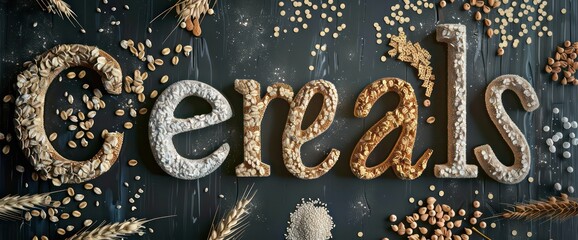 Cereals word created from various grains, black background