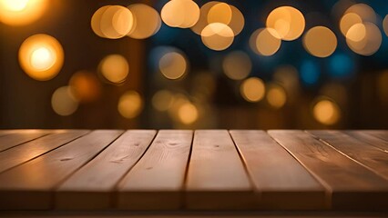 Poster - Wooden Table With Bokeh Lights Background Generative AI