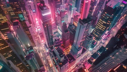 Wall Mural - Aerial view of a bustling city at night with brightly lit skyscrapers and busy streets below, A bustling cityscape with towering skyscrapers and bustling streets