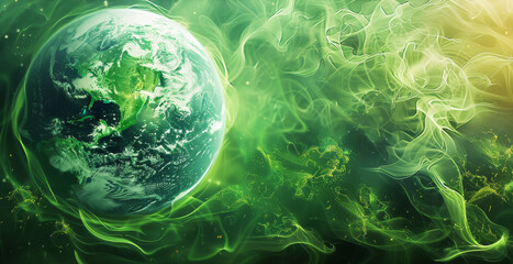 Aufkleber - A depiction of Earth as a luminous green sphere surrounded by swirling energy, symbolizing the transformative power of renewable energy in preserving the planet's natural resources. Generative AI.