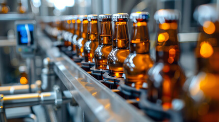 Wall Mural - full beer bottles in a production line, oktoberfest concept, created with generative AI technology