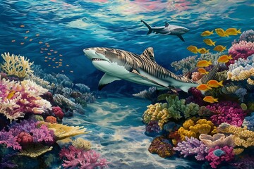 A shark swimming on a coral reef