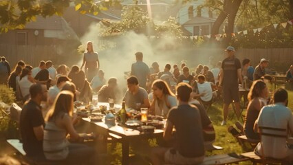 Wall Mural - Friends and family gathered around an outdoor table, socializing and enjoying a meal together, A bustling outdoor barbecue with friends and family