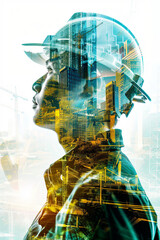 Future building construction engineering project concept with double exposure graphic design. Building engineer, architect people or construction worker working with modern civil equipment
