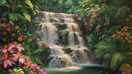 Canvas Print - A painting depicting a cascading waterfall framed by vibrant tropical foliage, A cascading waterfall surrounded by tropical plants and vibrant blooms