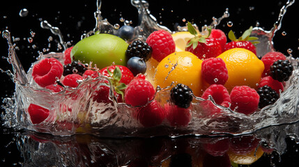 Canvas Print - Fruits on black background with water splash