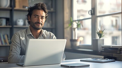 Poster - Businessman working in office, with laptop on a desk. Generative AI.