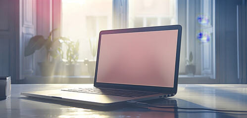 Poster - A mockup of a laptop on a desk, showing a blank screen for adding custom website or application designs. Generative AI.