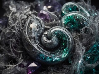 Poster - Intricate details of glass art, nestled among natural amethyst crystals. Spiraling forms of glass, translucent, hinting at teal color, evoke sense of motion.