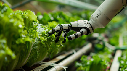 Wall Mural - A robot is picking up lettuce in a field