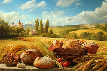 Poster - A variety of food items, including bread, displayed in a basket on a rustic wooden table. Generative AI
