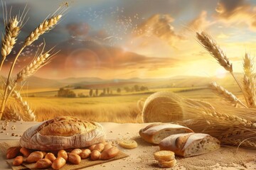 Poster - A table in the countryside displays freshly baked bread alongside bundles of wheat, reflecting farm-to-table practices. Generative AI