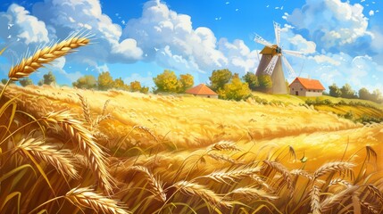 Poster - A painting depicting a wheat field with a windmill in the background, showcasing agricultural scenery and traditional farming practices. Generative AI