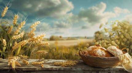 Poster - A basket filled with bread rests on a rustic wooden table in the middle of a field. Generative AI
