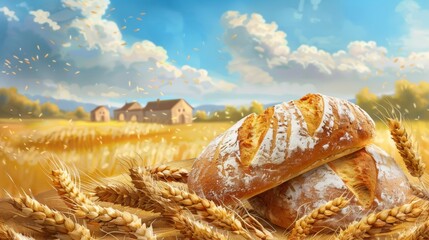 Poster - Two slices of bread are positioned on a wooden table placed in a wheat field. The golden wheat stalks surround the table, creating a rustic setting. Generative AI