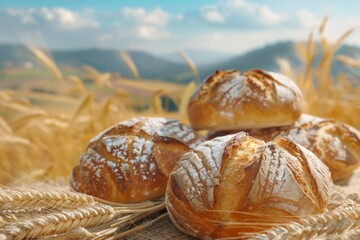 Poster - Various types of bread displayed on a wooden table in a field surrounded by nature. Generative AI