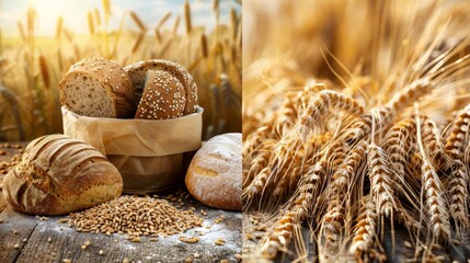 Poster - Freshly baked bread loaf and whole wheat grains displayed on a rustic wooden table. Generative AI