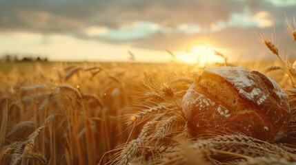 Poster - A loaf of bread placed on a wooden board in the middle of a wheat field during sunset. Generative AI