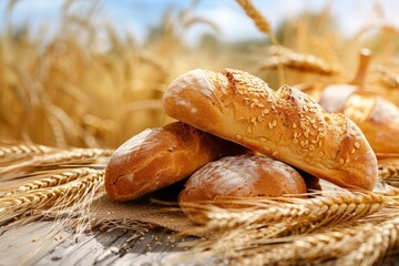 Poster - A wooden table displaying fresh bread loaves and wheat grains, symbolizing farm-to-table food preparation. Generative AI